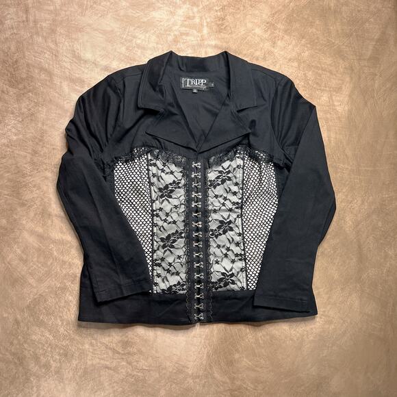 Tripp NYC Corset Back Jacket Black Floral Lace Netting Hook & Eye Blazer Size 3 - Picture 1 of 8